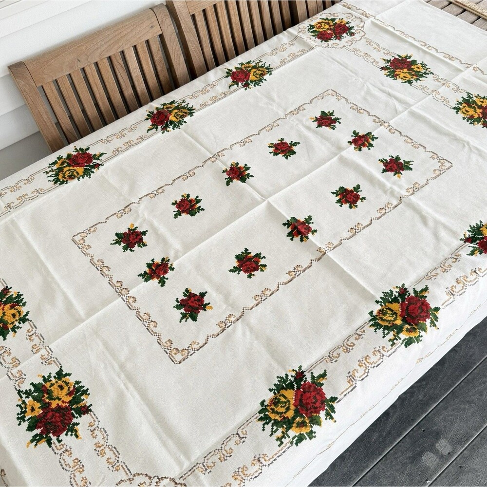 Vtg MCM Polish Linen Tablecloth Garden Collection Floral Petit Point 60x79 NOS - Picture 2 of 8